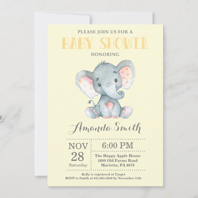 Inbjudan till Elephant Baby Shower Gult och Grått (Framsida)