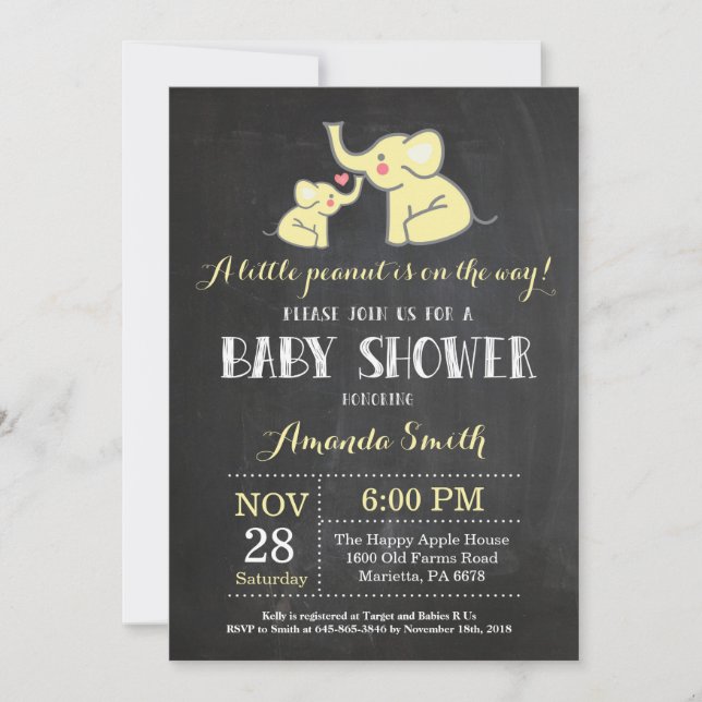 Inbjudan till Elephant Baby Shower Gult och Grått (Framsida)