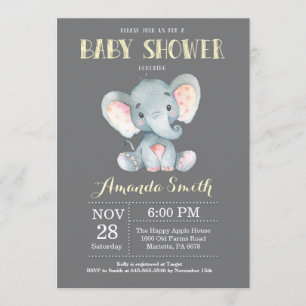 Inbjudan till Elephant Baby Shower Gult och Grått