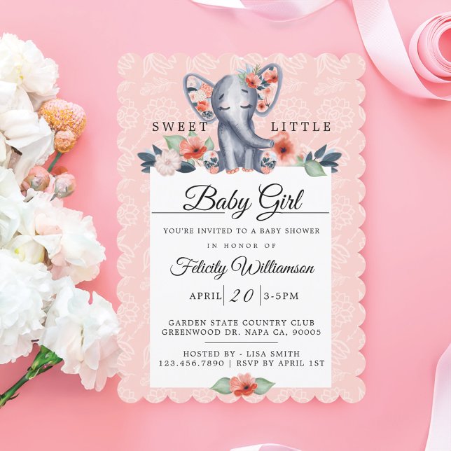 Inbjudan till Elephant Baby Shower i flicka Blommi (Baby Girl Floral Elephant Baby Shower Invitation)