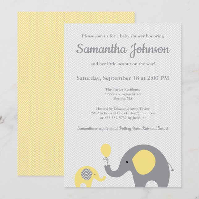 Inbjudan till Elephant Baby Shower i Gult och Gråt (Fram/baksida)