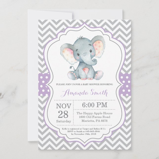 Inbjudan till Elephant Baby Shower Lila och Grått (Framsida)