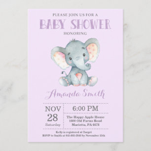 Inbjudan till Elephant Baby Shower Lila och Grått