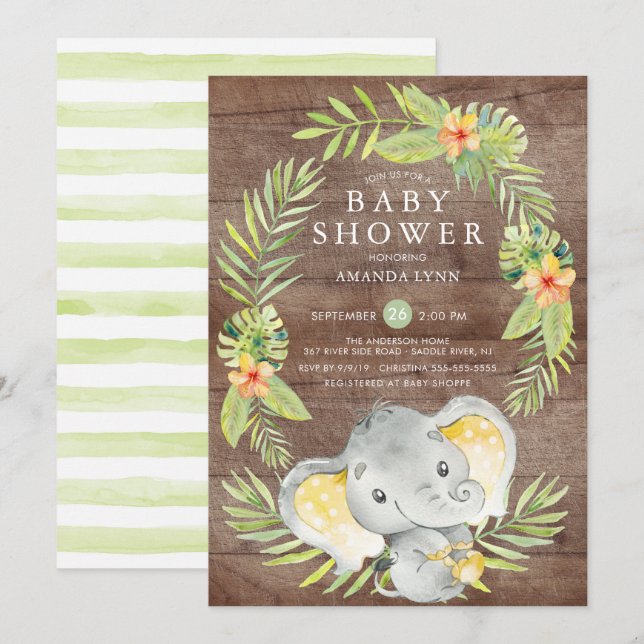 Inbjudan till Elephant Baby Shower på Neutralt  (Fram/baksida)