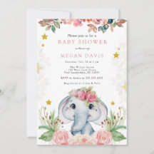 Inbjudan till Elephant Baby Shower Rosa Flower