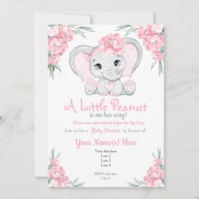 Inbjudan till Elephant Baby Shower-Rosa för flickB (Framsida)