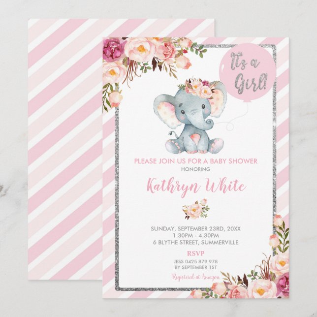 Inbjudan till Elephant Baby Shower Rosa och Silver (Fram/baksida)