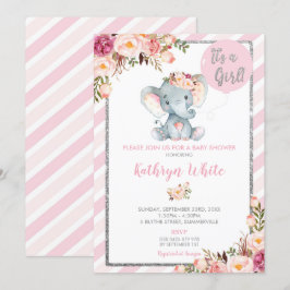 Inbjudan till Elephant Baby Shower Rosa och Silver