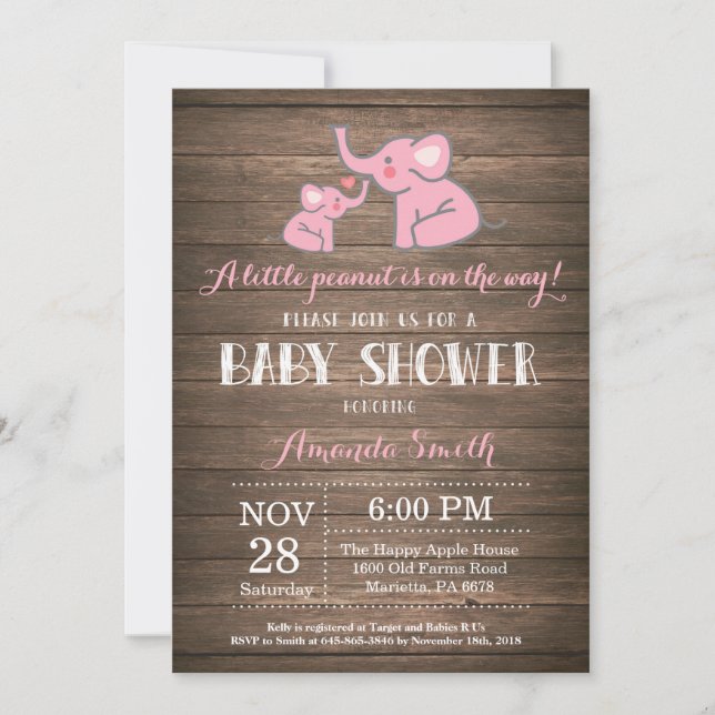 Inbjudan till Elephant Baby Shower Rosa Rustic (Framsida)