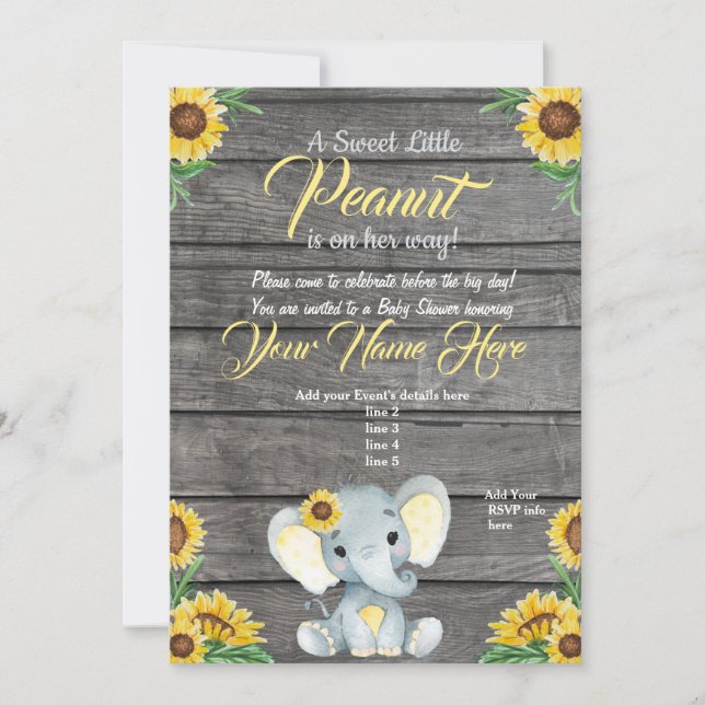 Inbjudan till Elephant Baby Shower, rustic, Gult (Framsida)
