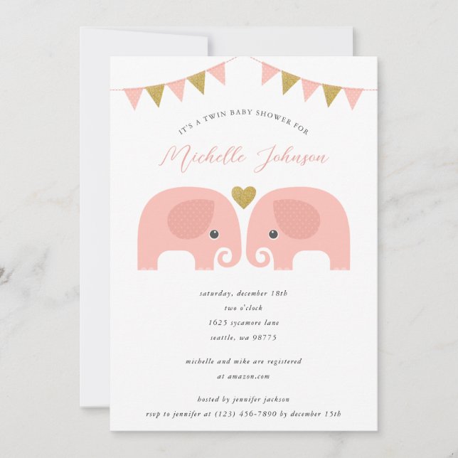 Inbjudan till Elephant Baby Shower-Twillingar för  (Framsida)