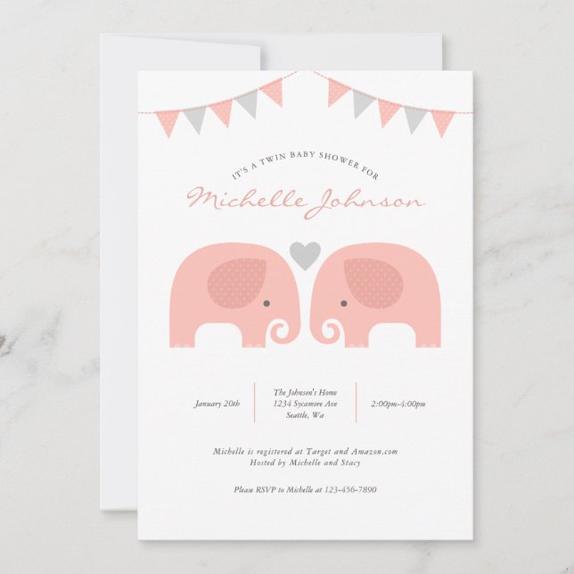 Inbjudan till Elephant Baby Shower-Twillingar för  (Framsida)