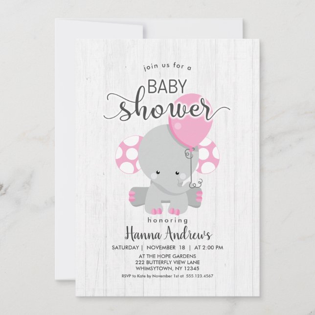 Inbjudan till Elephant Baby Shower White Wood Rosa (Framsida)