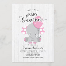Inbjudan till Elephant Baby Shower White Wood Rosa
