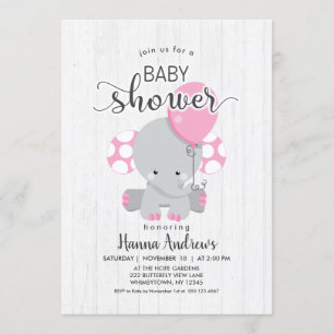 Inbjudan till Elephant Baby Shower White Wood Rosa