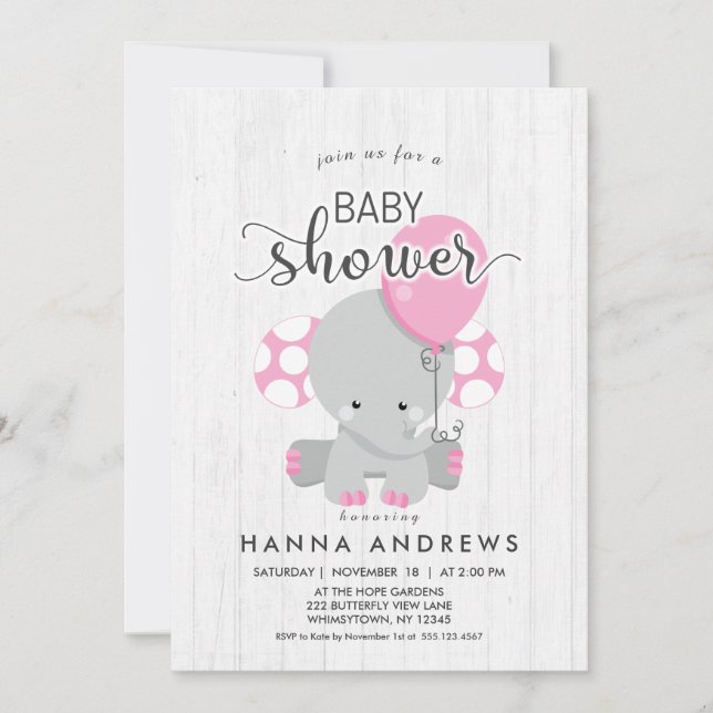 Inbjudan till Elephant Baby Shower White Wood Rosa (Framsida)