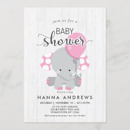 Inbjudan till Elephant Baby Shower White Wood Rosa