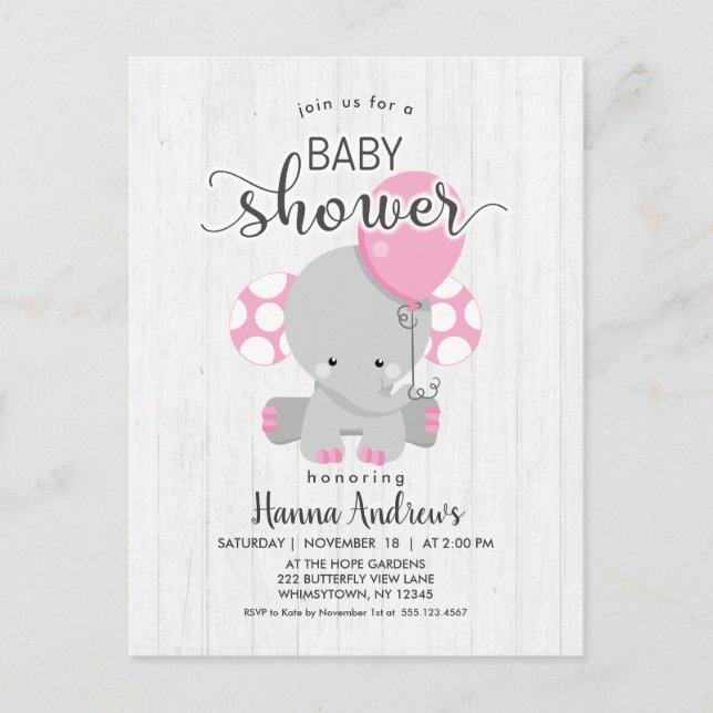 Inbjudan till Elephant Baby Shower White Wood Rosa (Framsida)