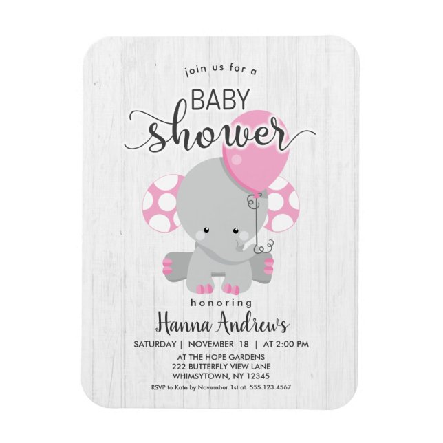 Inbjudan till Elephant Baby Shower White Wood Rosa Magnet (Vertikal)