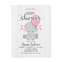 Inbjudan till Elephant Baby Shower White Wood Rosa