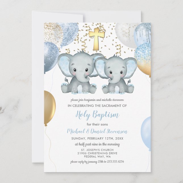 Inbjudan till Elephant Balloons Watercolor Baptism (Framsida)