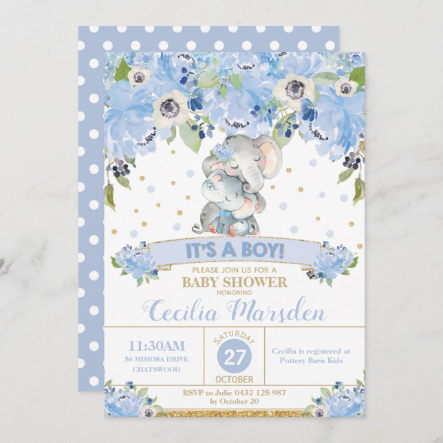 Inbjudan till Elephant Blommigt Baby Shower Boy (Fram/baksida)