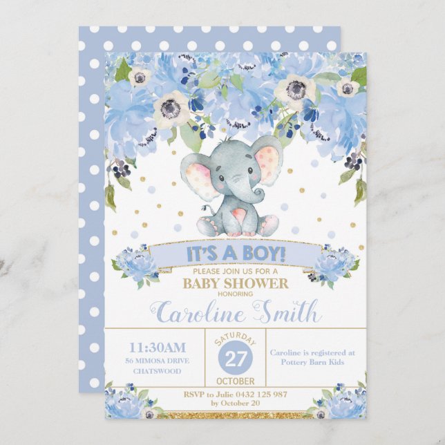 Inbjudan till Elephant Blommigt Baby Shower Boy (Fram/baksida)