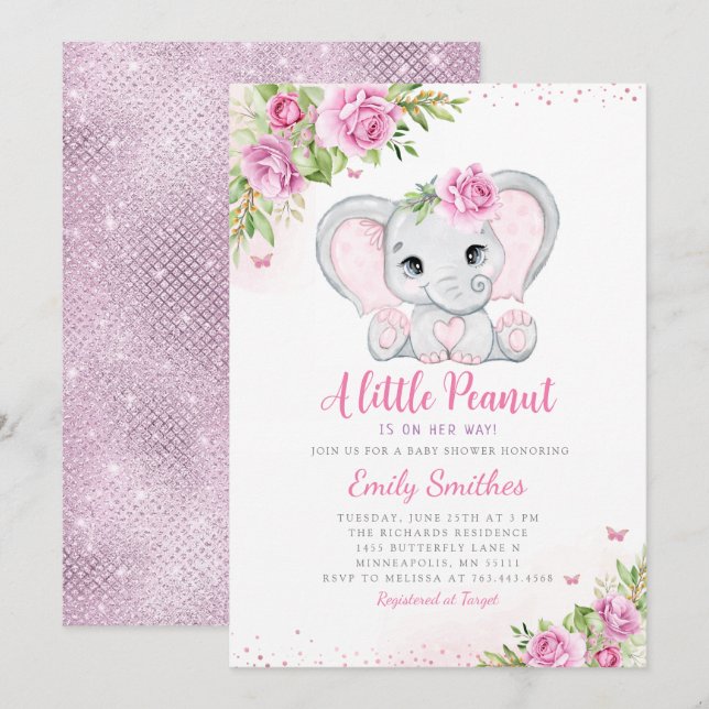 Inbjudan till Elephant Blommigt Baby Shower Girl (Fram/baksida)