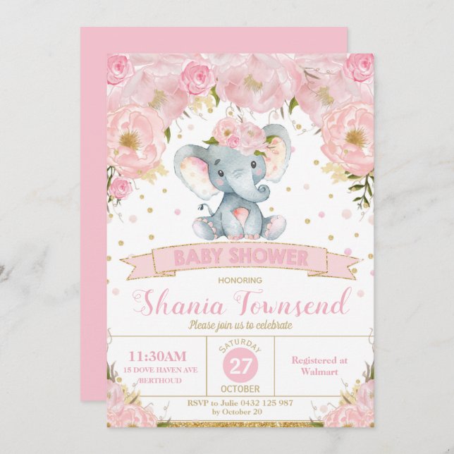 Inbjudan till Elephant Blommigt Baby Shower Girl (Fram/baksida)