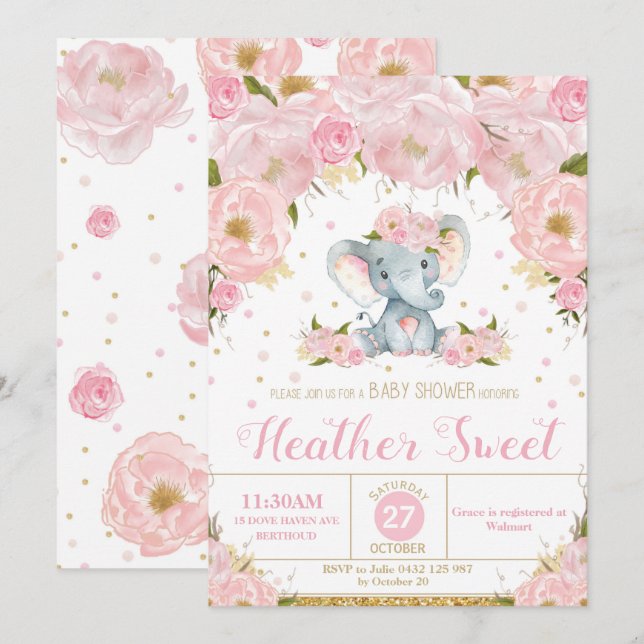 Inbjudan till Elephant Blommigt Baby Shower Girl (Fram/baksida)