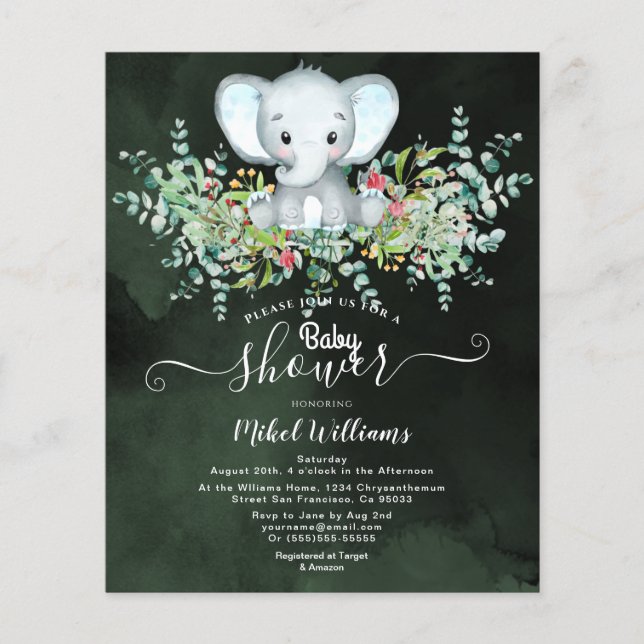 Inbjudan till Elephant Blommigt Eucalyptus Babydus Flygblad (Framsidan)