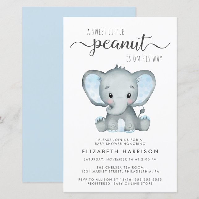 Inbjudan till Elephant Blue Baby Shower för budget (Fram/baksida)
