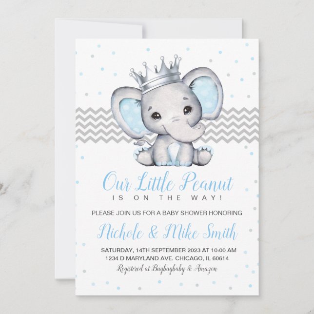 Inbjudan till Elephant Blue Boy Baby Shower (Framsida)