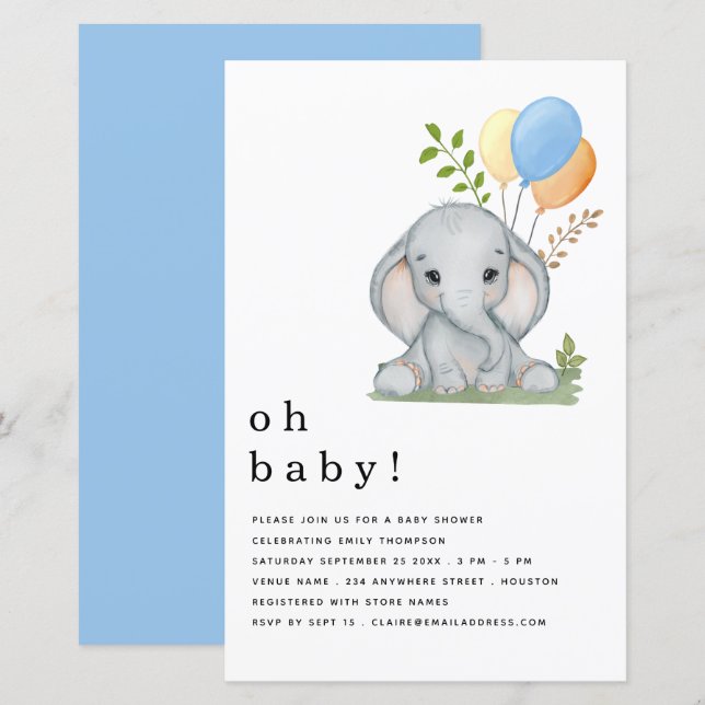 Inbjudan till Elephant Blue Boy Baby Shower (Fram/baksida)