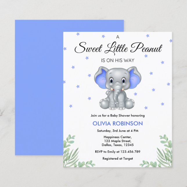 Inbjudan till Elephant Blue Boy Baby Shower (Fram/baksida)