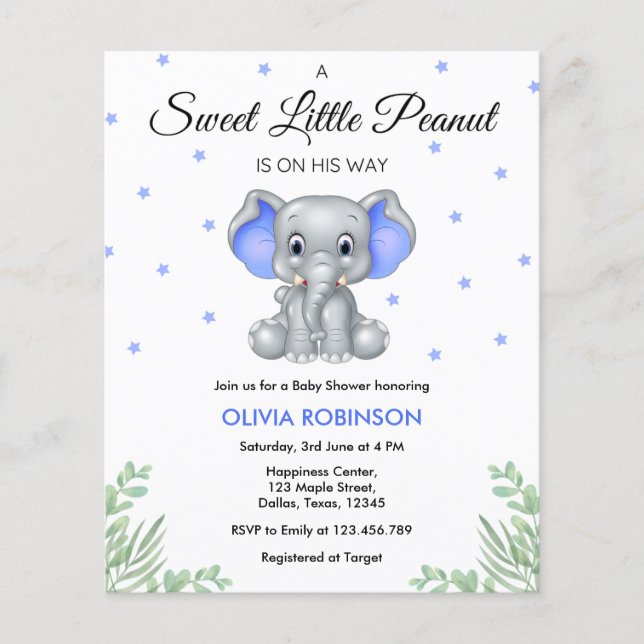 Inbjudan till Elephant Blue Boy Baby Shower Flygblad (Framsidan)