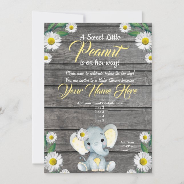 Inbjudan till Elephant Daisy Baby Shower, rustic (Framsida)