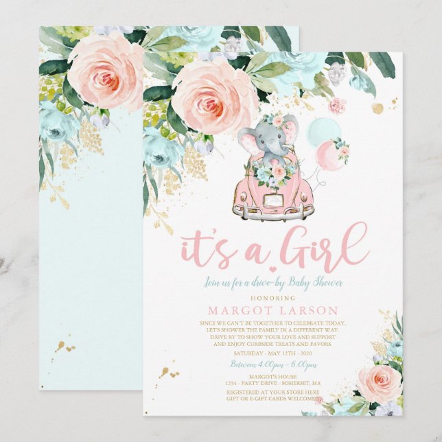 Inbjudan till Elephant Drive by Baby Shower Rosa r (Fram/baksida)