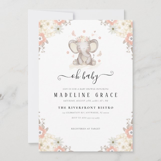 Inbjudan till Elephant Flicka Baby Shower (Framsida)