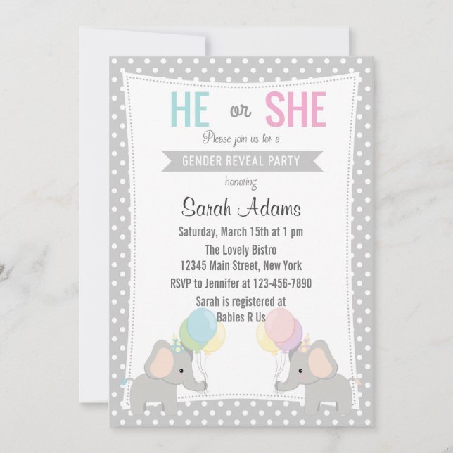 Inbjudan till Elephant Gender Reveal Party (Framsida)