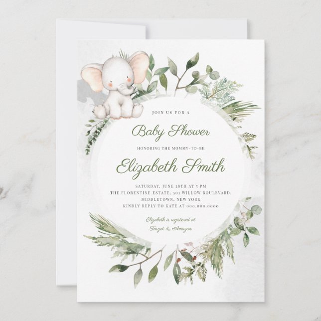 Inbjudan till Elephant Greenery Foliage Baby Showe (Framsida)