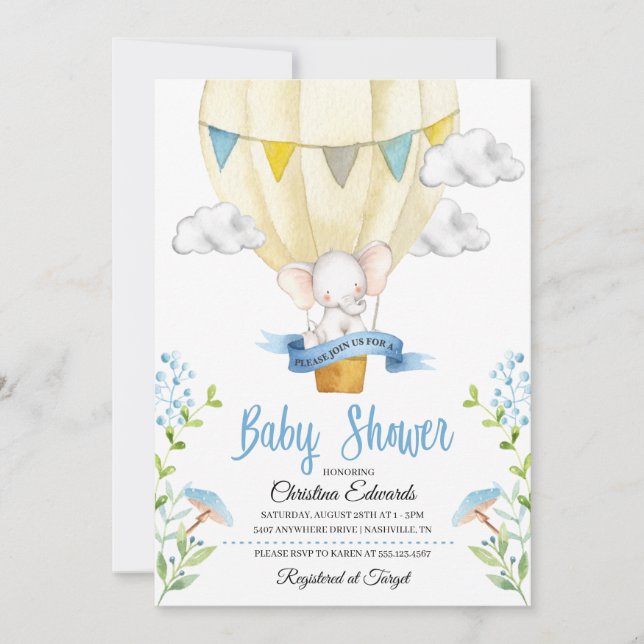Inbjudan till Elephant Luftballong Baby Shower (Framsida)