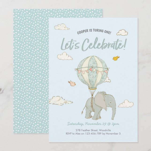 Inbjudan till Elephant Luftballong Boys Birthday (Fram/baksida)