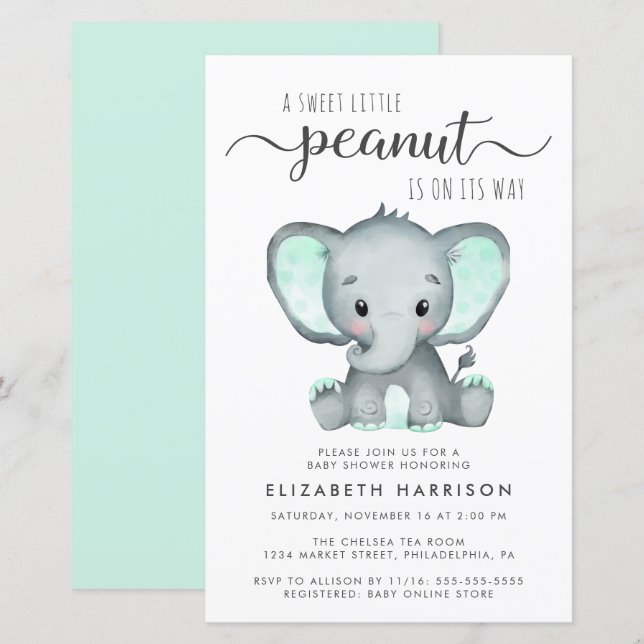 Inbjudan till Elephant Mint Baby Shower för budget (Fram/baksida)