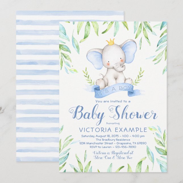 Inbjudan till Elephant Prince Baby Shower (Fram/baksida)
