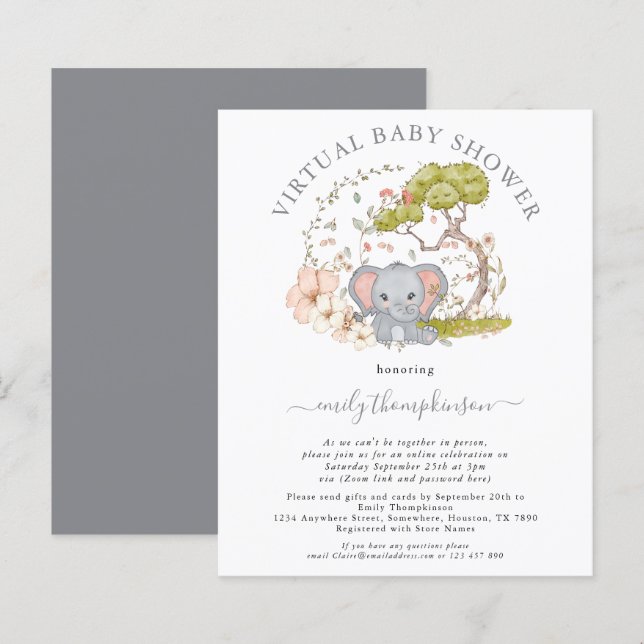 Inbjudan till Elephant Virtuell Baby Shower för bu (Fram/baksida)