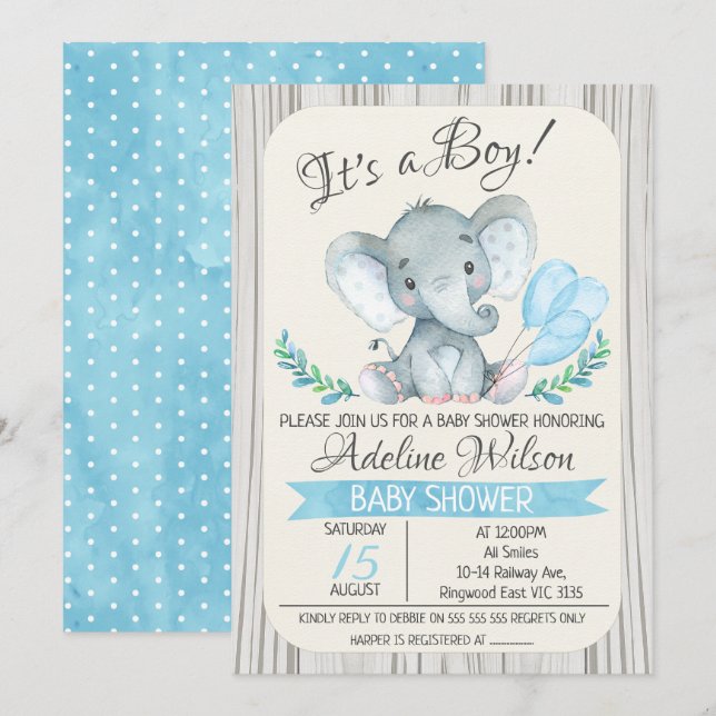 Inbjudan till Elephant Watercolor Baby Shower (Fram/baksida)