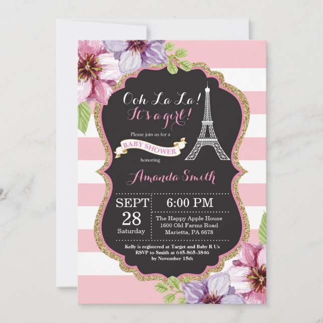 Inbjudan till EM-Fransken Eiffel Torn Baby Shower (Framsida)