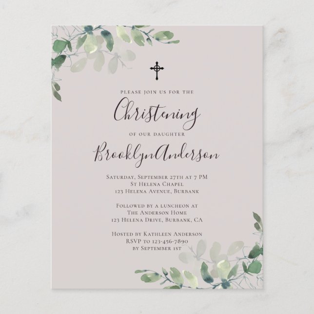 Inbjudan till EM i Beige Eucalyptus Christening (Framsida)