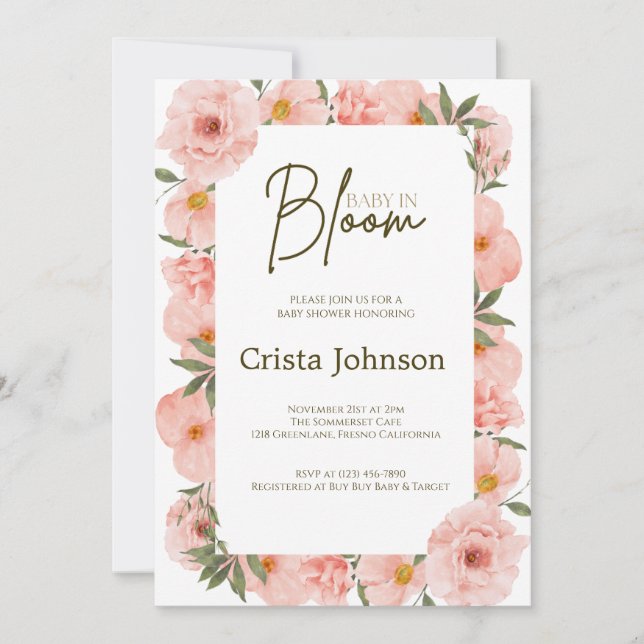 Inbjudan till en extra persiko-Blommigt, babyvisni (Framsida)